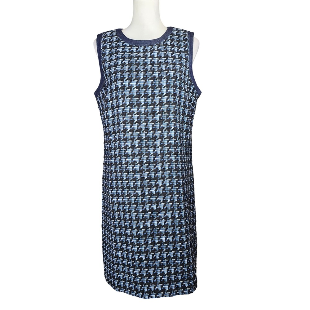 Ann Taylor Tweed Shift Dress Womens 10 Blue Houndstooth Denim Trim Office Preppy